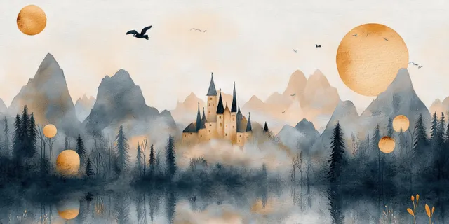 Whimsical watercolor castle overlooking misty mountains, forests, and glowing lantern moons