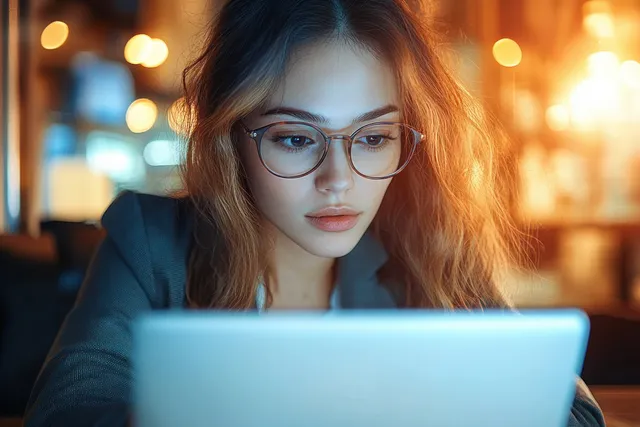Young woman wearing glasses studies on a laptop with warm bokeh lights behind her