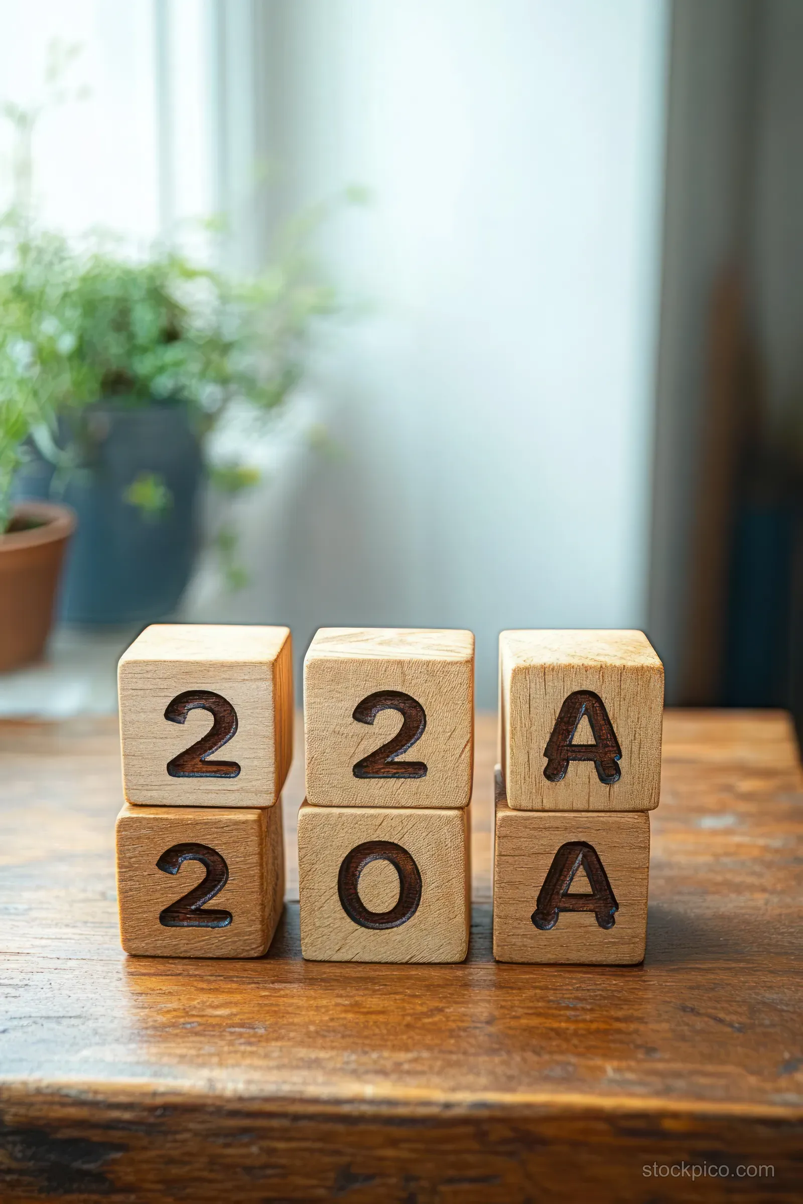 Wooden blocks on a wooden table show the number 220 and letters A A with blurred potted plants in the background.