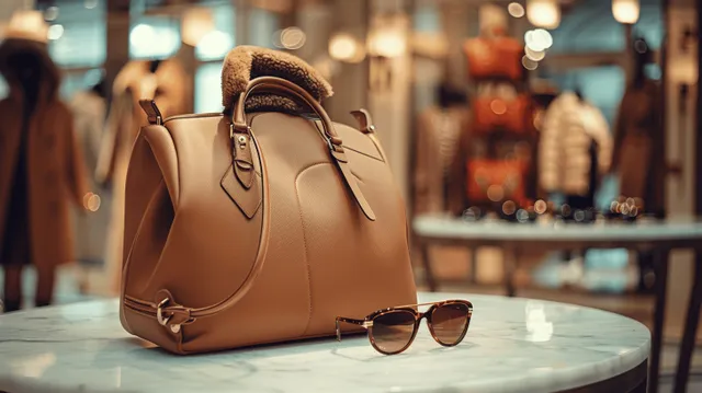 Beige handbag and sunglasses on a boutique counter with blurred clothing racks in the background.
