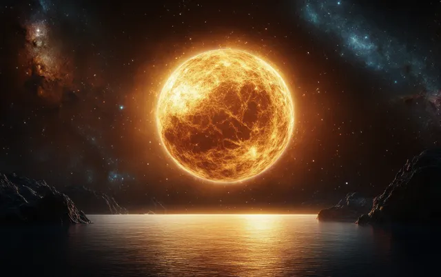 A glowing Venus planet hovers over a dark ocean beneath a starry nebula backdrop with rocky silhouettes.