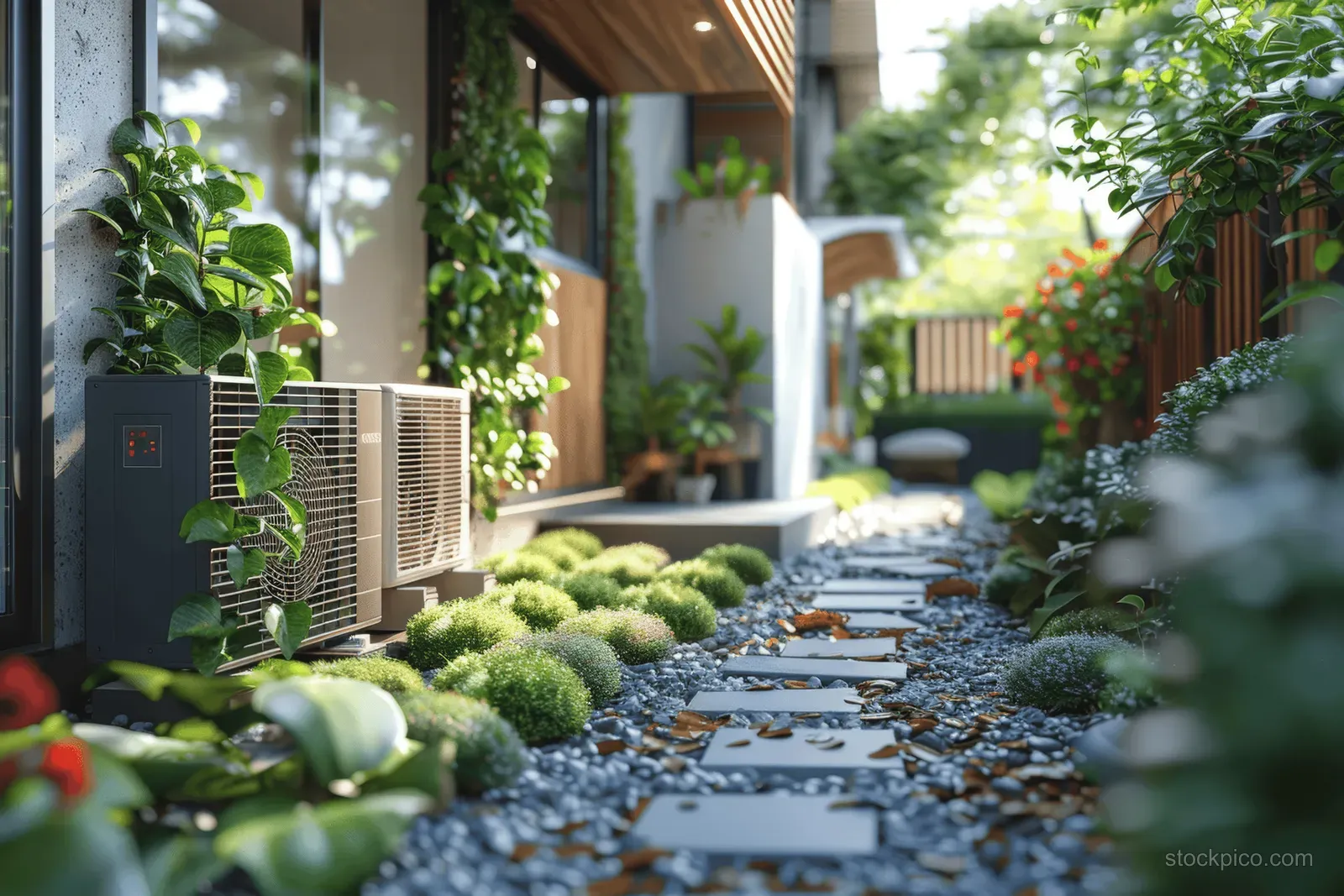 Air source heat pump unit mounted on a home exterior wall beside a landscaped garden.
