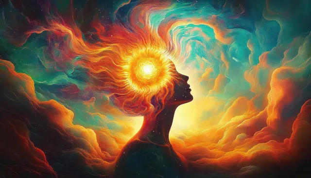 A human silhouette faces a swirling sun vortex above colorful clouds with flowing energy lines.