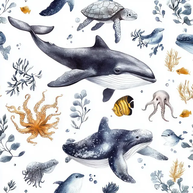 Seamless watercolor pattern of whales, turtles, octopuses, and orcas with sea plants on a pale background.