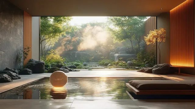 Indoor pool opening to misty garden with glowing sphere sculpture and cushioned loungers