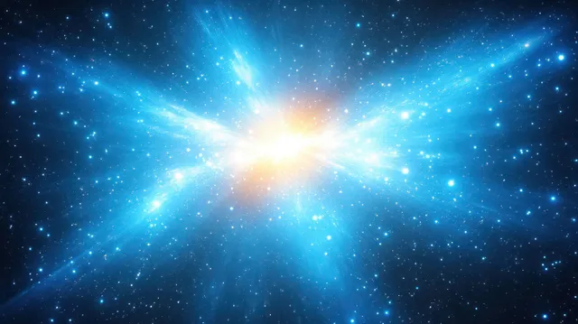 Blue cosmic light burst expands from a bright center star into a field of glowing particles in deep space.