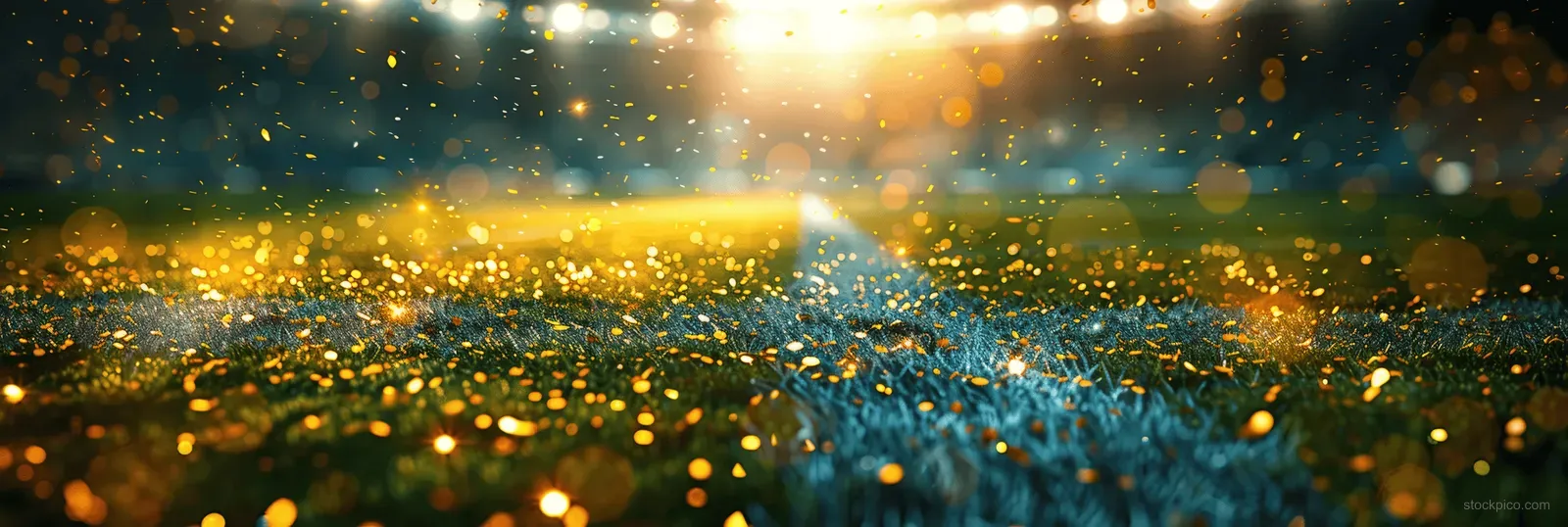 Golden confetti floats over an illuminated football stadium field with glowing lights and soft bokeh at dusk.
