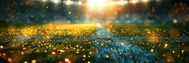 Golden confetti floats over an illuminated football stadium field with glowing lights and soft bokeh at dusk.