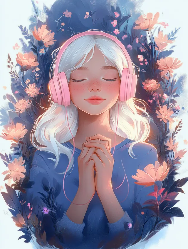 A young woman with closed eyes wears pink headphones while surrounded by blooming flowers in soft spring light.