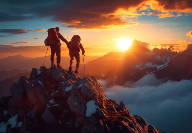 Hikers helping each other reach a rocky summit at sunset with glowing sky