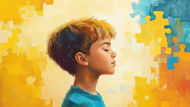 Side profile of a child with closed eyes surrounded by colorful puzzle pieces in warm and cool tones.