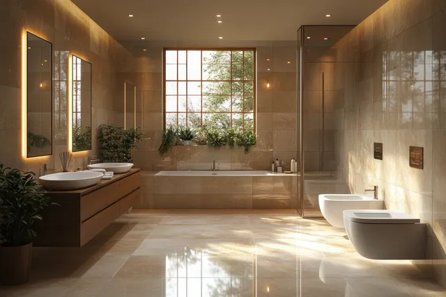 Scandinavian bathroom with double vanity sinks, corner bathtub, panoramic window, and warm marble floor reflections.
