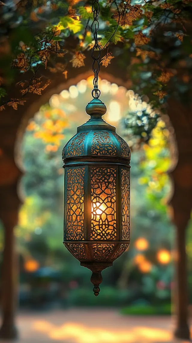 Ornate metal lantern on a hanging chain glows warmly amid green foliage with a blurred garden arch behind.