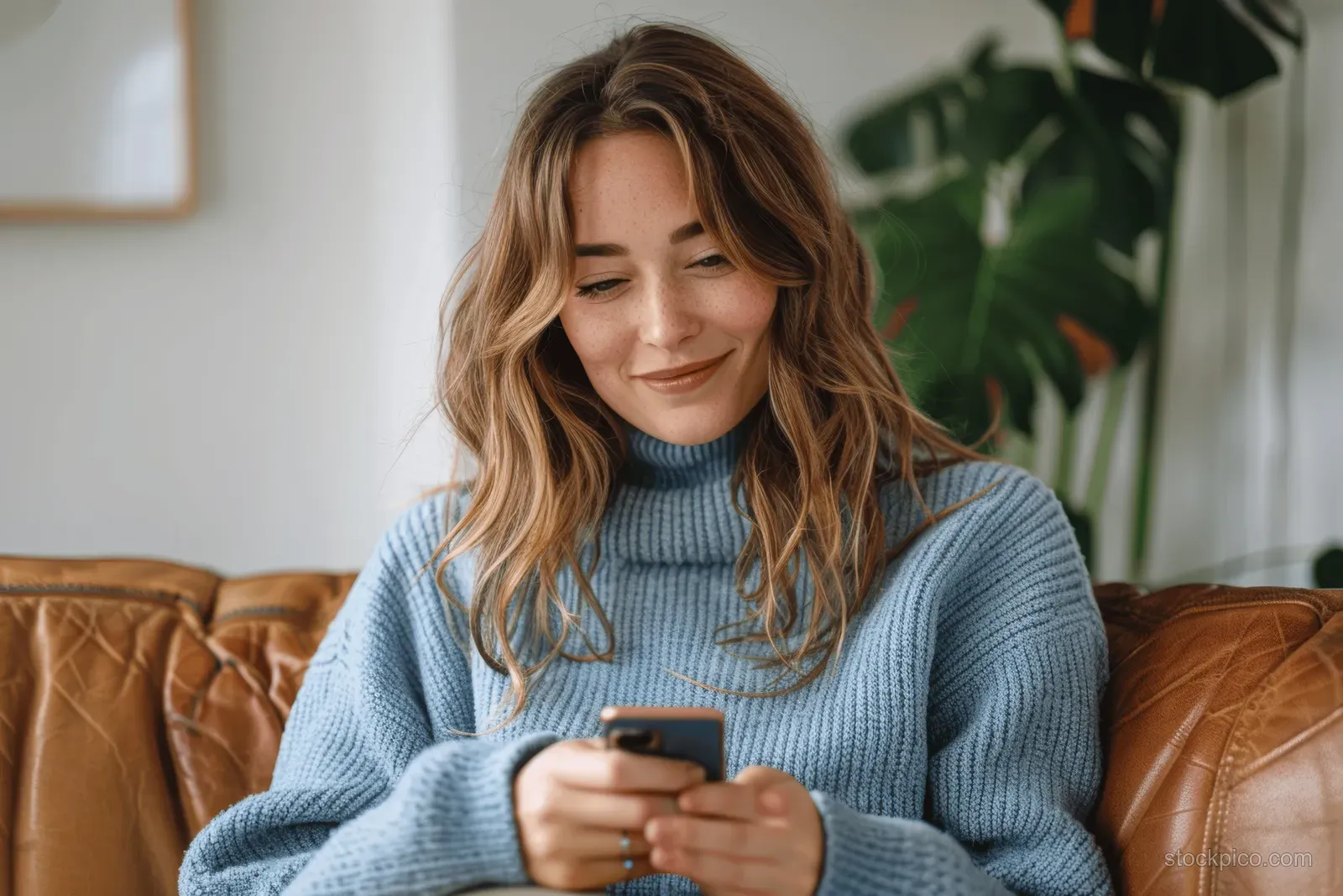 Woman in a blue sweater sits in a brown leather chair, smiling while texting on her mobile phone in a bright living room.
