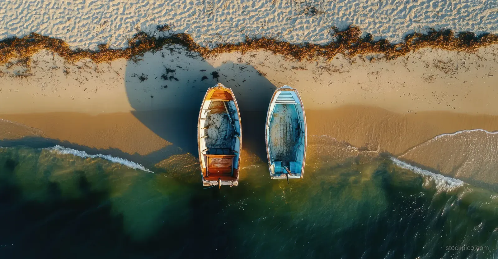 Aerial view of two small wooden boats on sandy beach with gentle waves and seaweed line under warm sunlight.