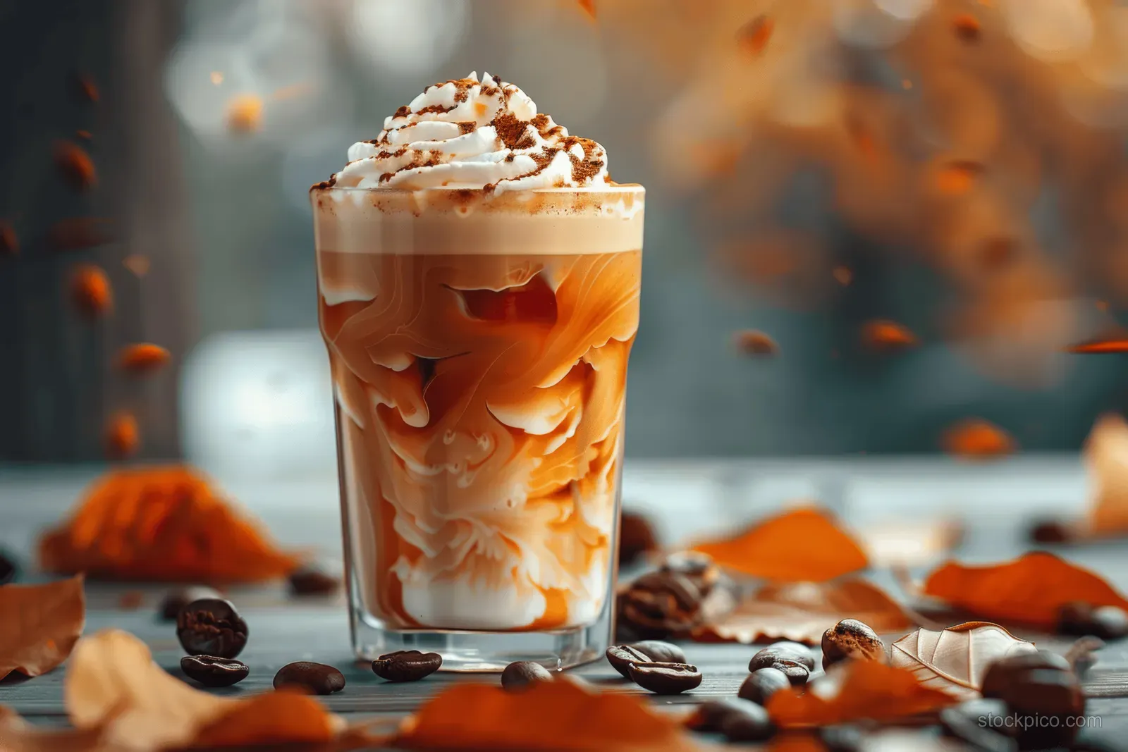 A glass of pumpkin cream cold brew latte with whipped cream and coffee beans on an autumn leaf table.