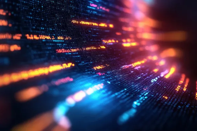 Neon code streams flow across a dark cyberpunk digital landscape with blurred depth
