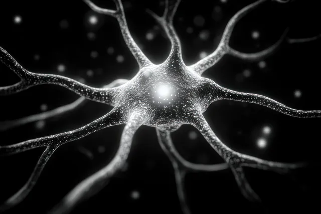 A glowing neuron spreads branching dendrites across a dark background with light particles indicating neural connections.