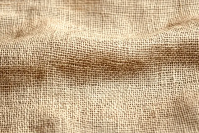 Wrinkled beige burlap fabric close-up showing woven thread grain and rough natural fiber texture.