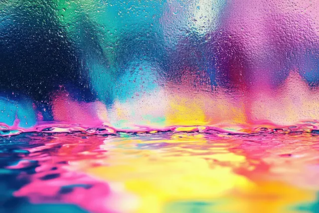 Blurred multicolored reflections ripple across a wet water surface with tiny droplets on a textured background.