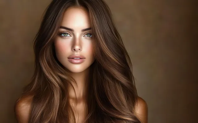 Young woman portrait with long brown hair and green eyes against warm soft background