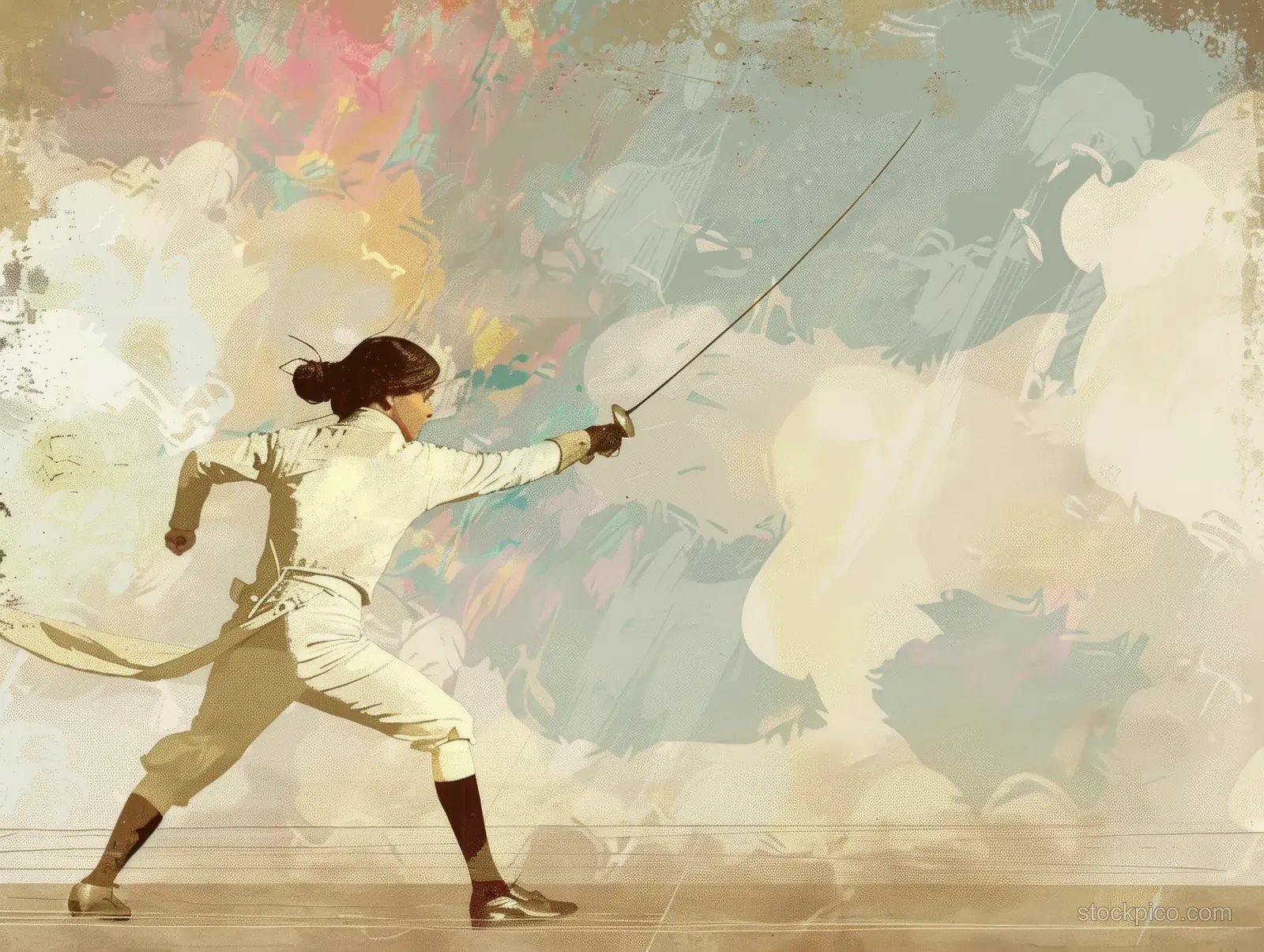 A stylized female fencer lunges with a foil blade against a pastel cloudy background.