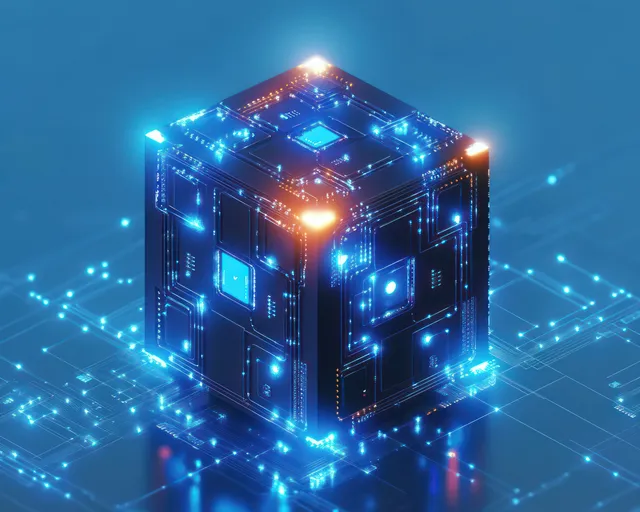 A glowing futuristic cube with circuit patterns floats above a blue digital grid with orange and blue light effects.