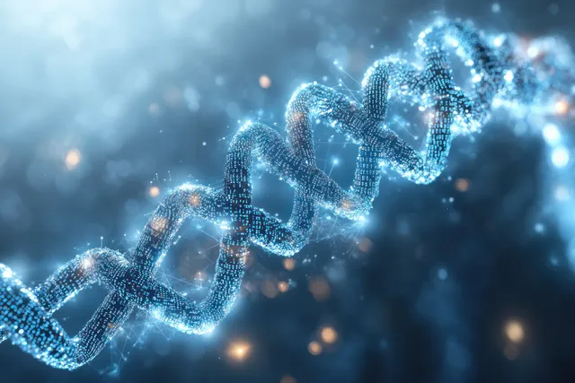 A glowing particle DNA helix floats in a blue digital science background.