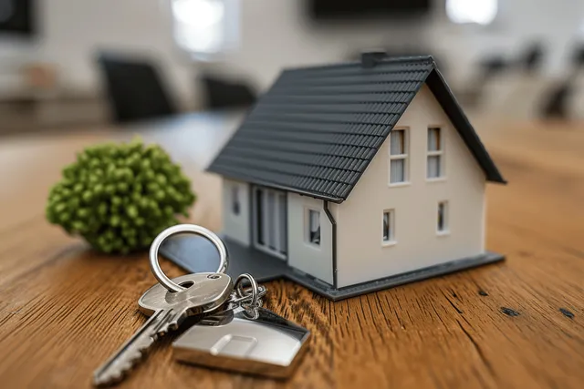 House model and metal keys on a wooden table with sun rays and a blurred office kitchen background.