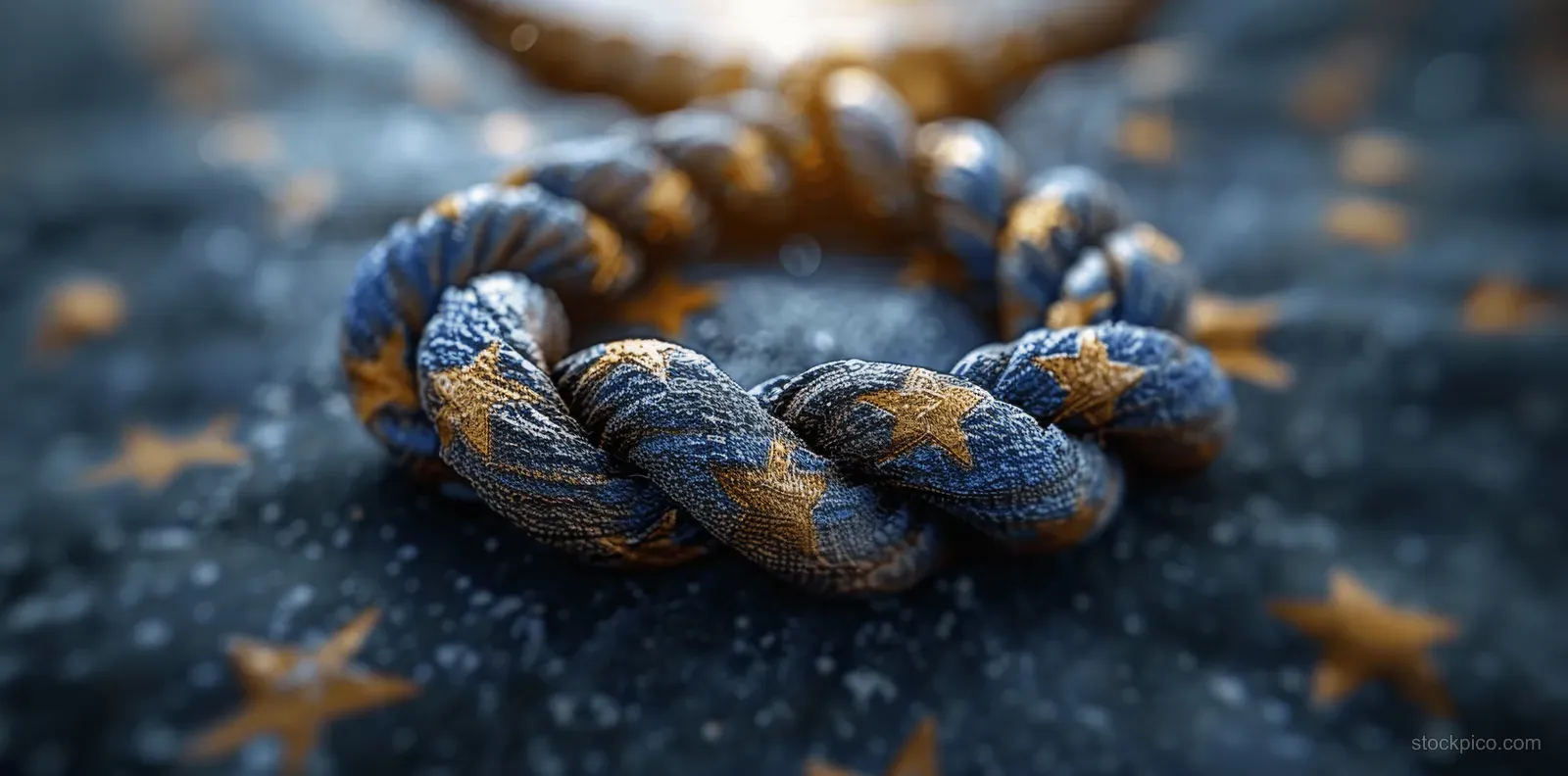 A close-up EU rope knot with star-shaped markings on a dark blue textured background.