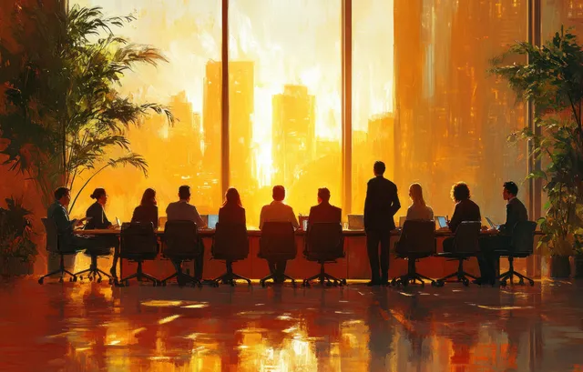 Silhouetted business team meets around a conference table in a sunlit office with glowing city skyline through large windows.