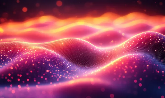 Neon abstract mesh waves with glowing grid lines and sparkling particles fading into a dark space gradient.