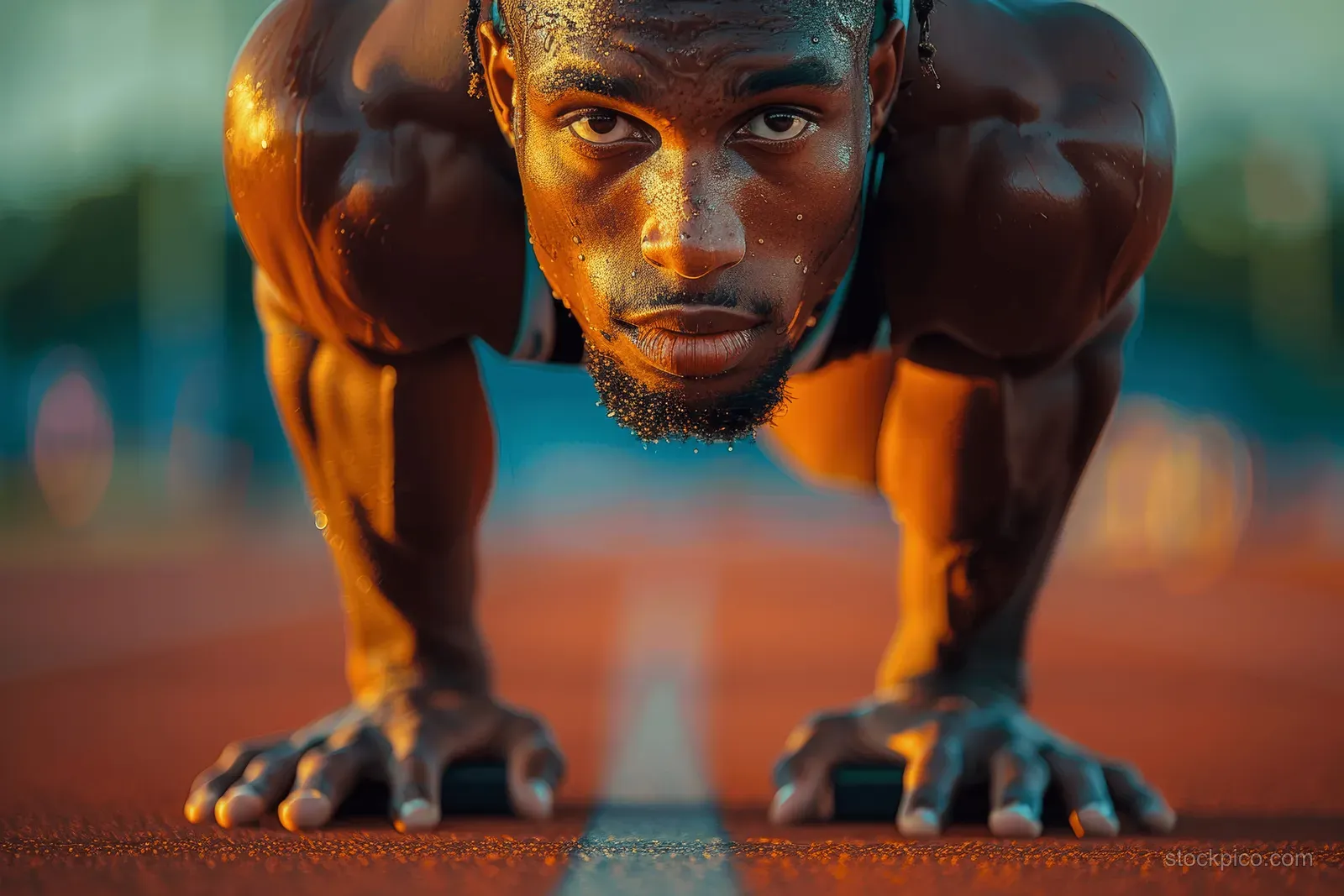 Sprinter’s hands pressing into starting blocks on a track at sunset with blurred stadium background.