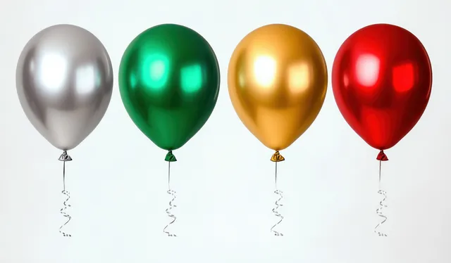 Four metallic balloons in silver, green, gold, and red float on a white background with curled strings hanging down.