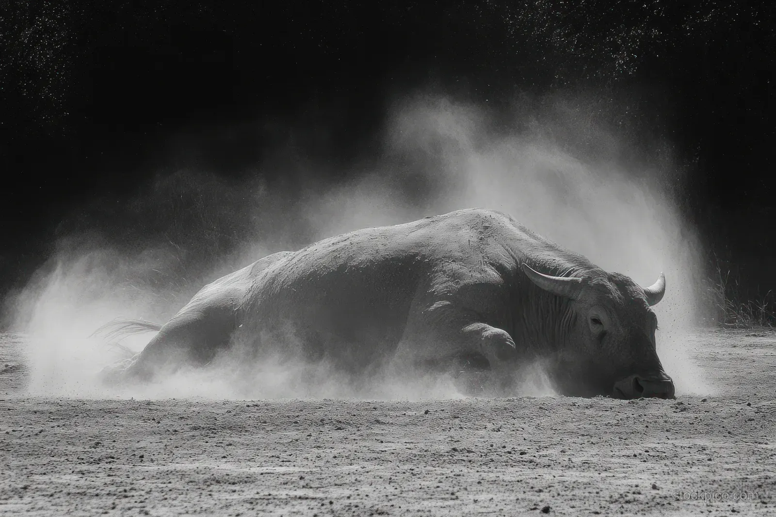Horse rolling in a dust bath on a rural Texas farm with dirt mist rising behind it.