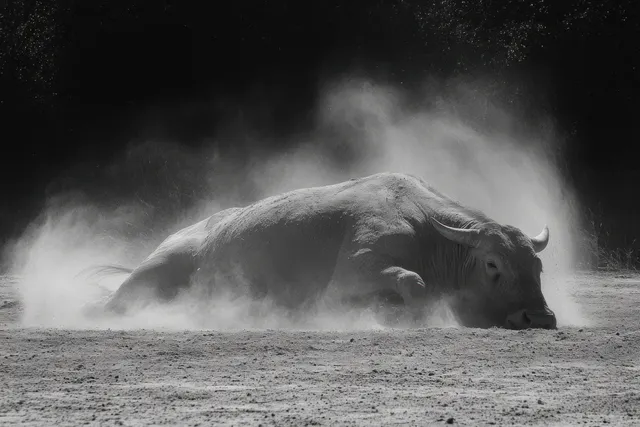 Horse rolling in a dust bath on a rural Texas farm with dirt mist rising behind it.