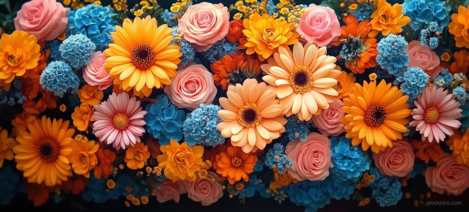 Colorful flowers arranged densely with orange daisies, pink roses, and blue blooms.