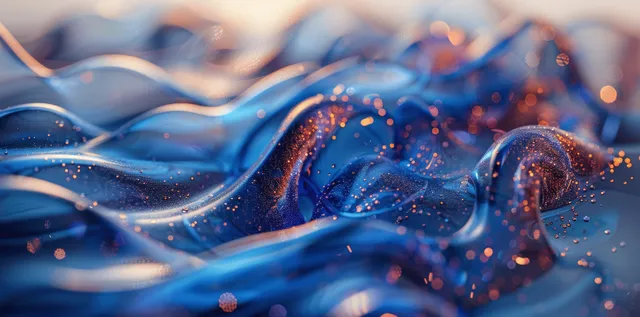 Blue iridescent wave glass line with soft reflections and floating sparkling particles