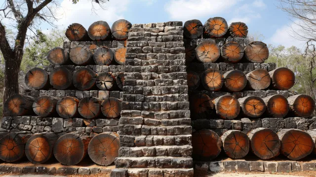 Rustic log wall background showcasing round timber beams and natural brown textures ideal for architectural and countryside designs.
