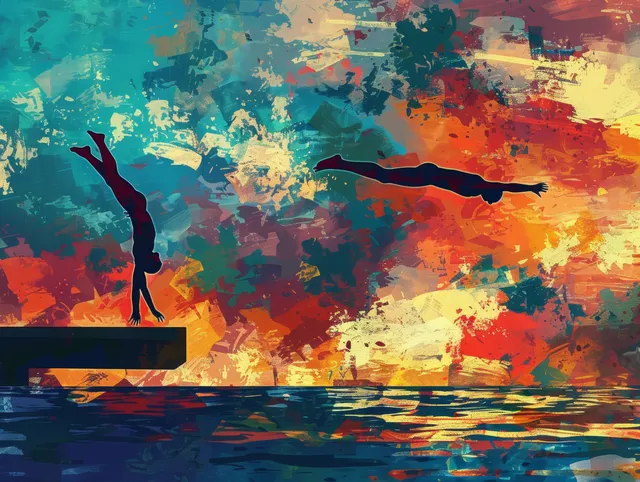 Two men in synchronized diving positions over a 3-meter platform, with a large water splash at sunset.