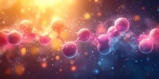 Glowing pink molecular spheres connect across a dark gradient background.