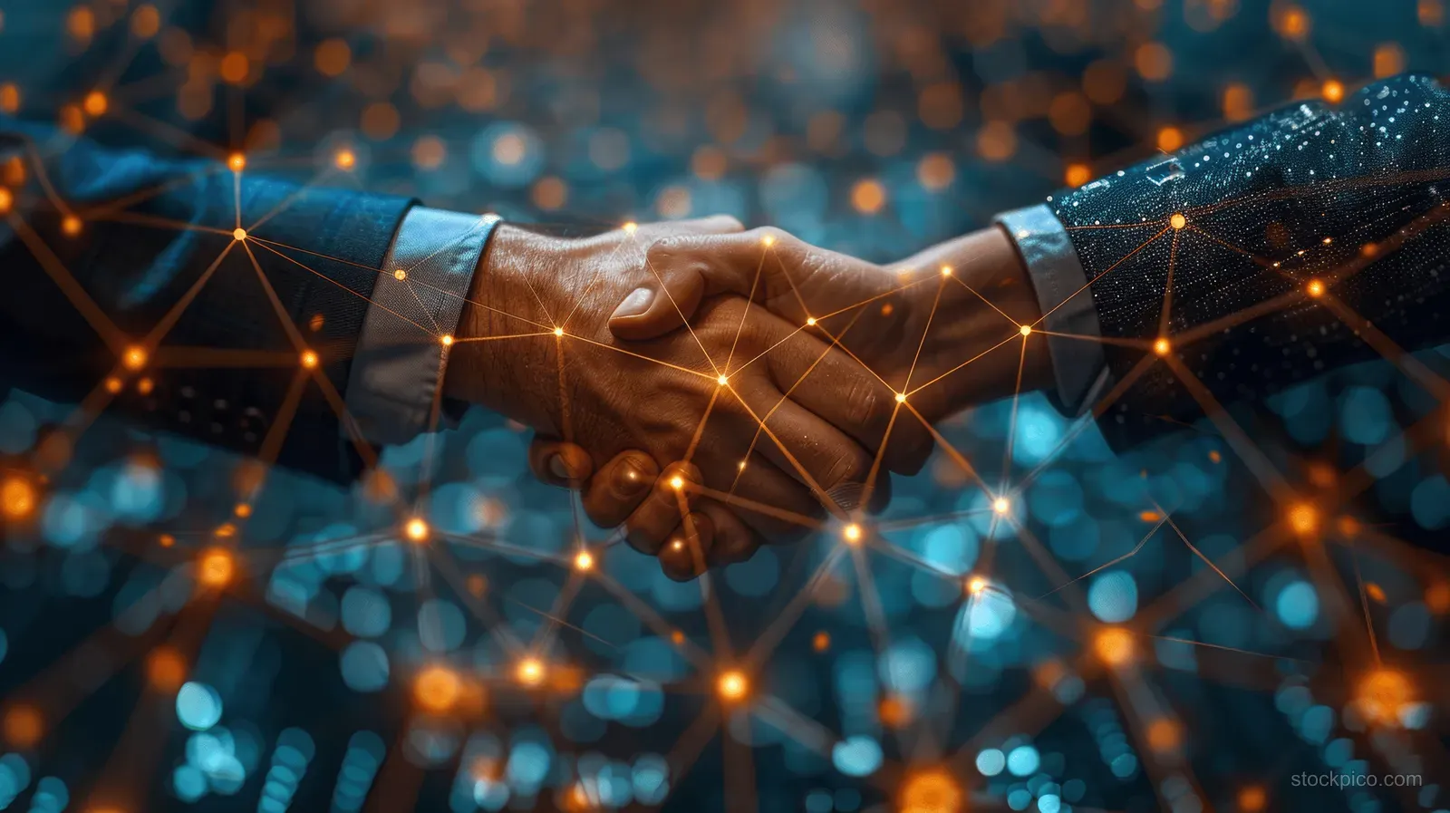 Businessmen handshake in front of glowing network nodes and financial chart lines with earth-like bokeh background.