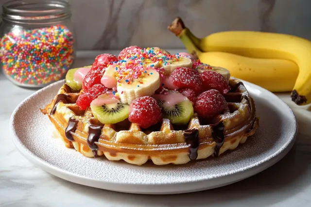 Golden waffle on a white plate topped with banana slices, mixed berries, colorful sprinkles, and chocolate drizzle.