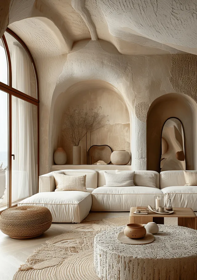 Minimalist Japandi living room with beige boucle sofa under textured stucco arches