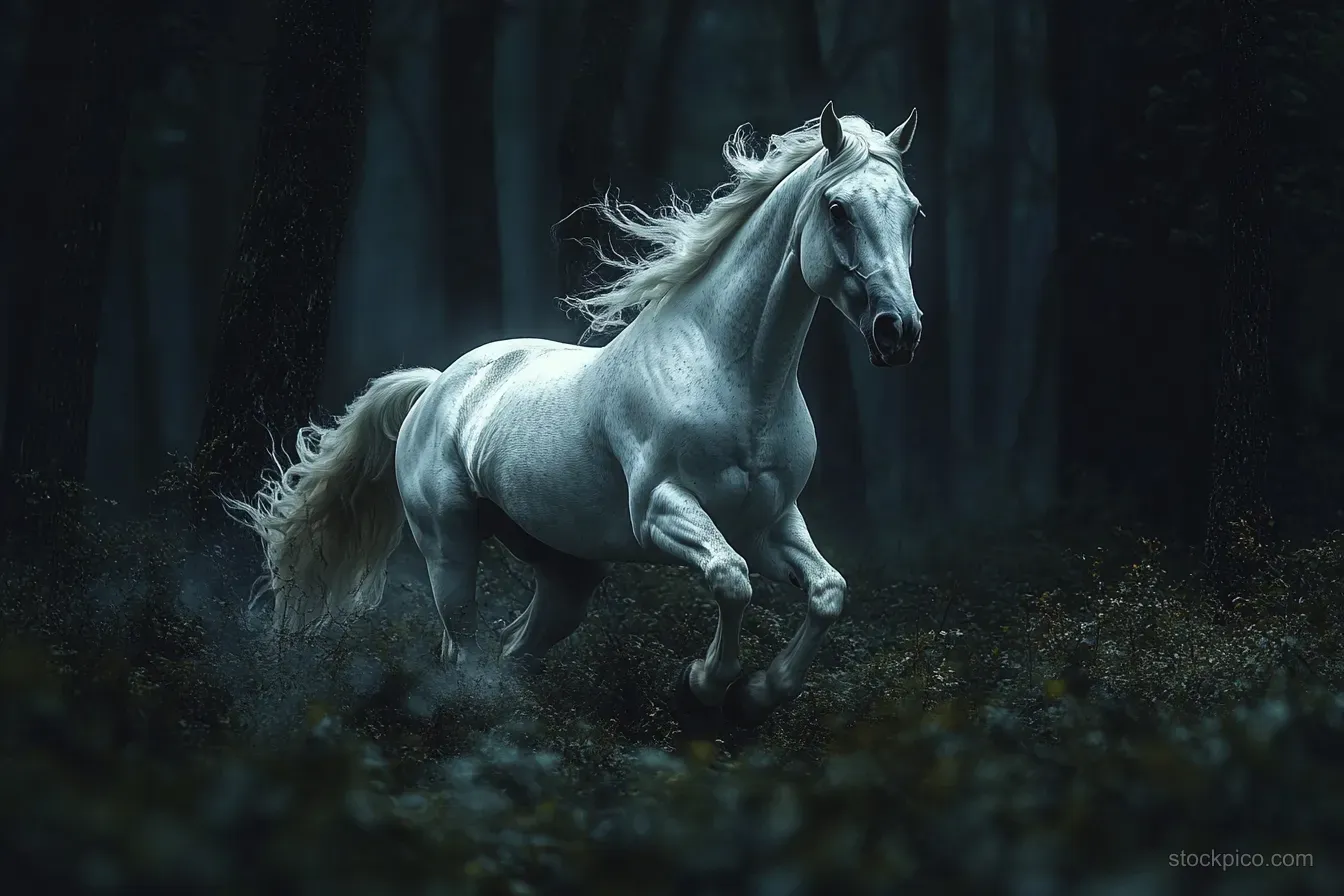 White horse galloping through a dark dense forest at dusk, with flowing mane and misty motion blur.