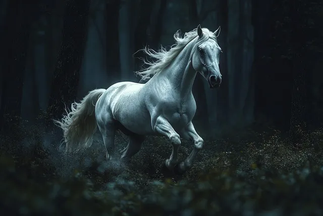 White horse galloping through dark forest at dusk, flowing mane streaked with mist