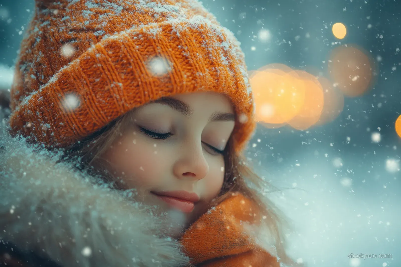 Mother and daughter embrace warmly outdoors in falling snow beside twinkling skating rink lights.