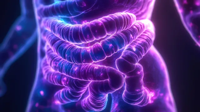 Semi-transparent torso with glowing purple and blue intestines and detailed intestinal folds.