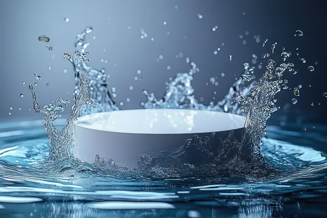 A white spherical object splashes into clear blue water, creating droplets and ripples with visible wave motion.