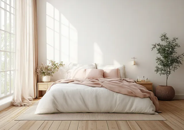 Minimalist bedroom interior with unmade bed, pastel linens, and sunlit curtains
